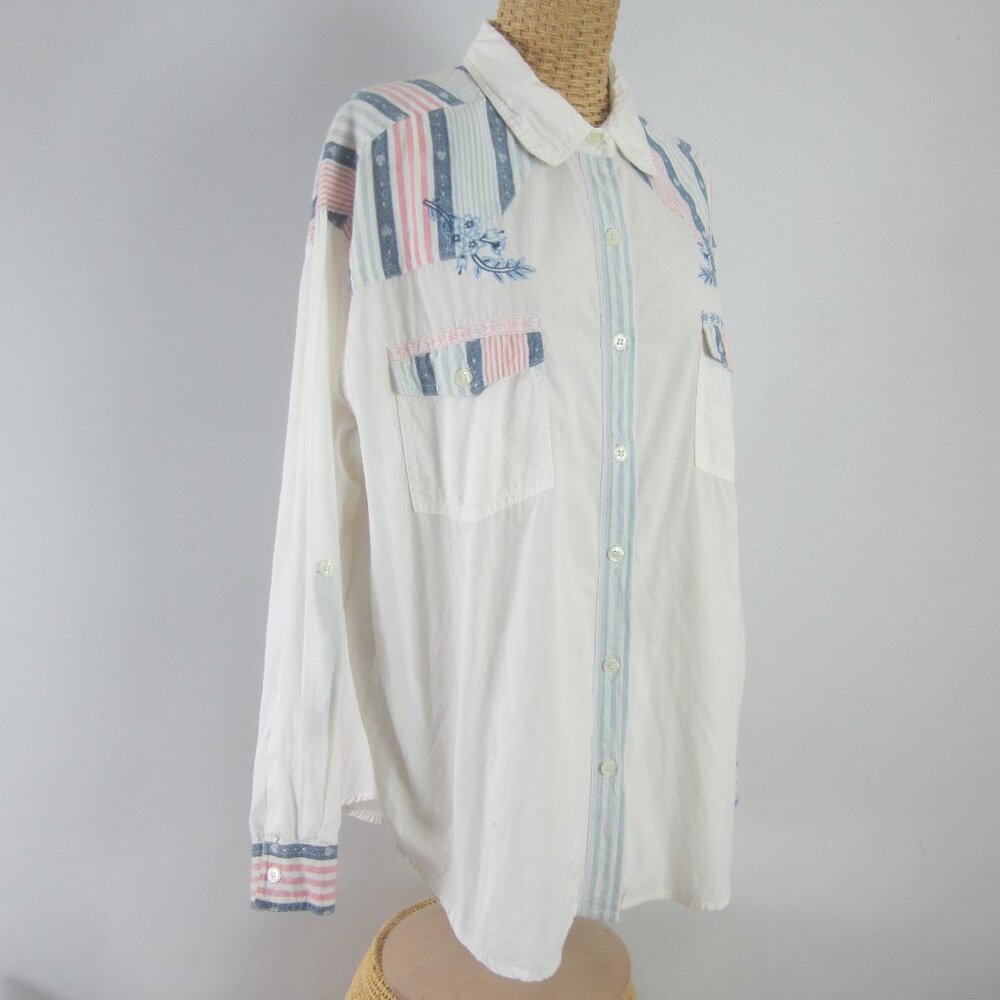 Vtg Lauren Brooke Women XL White Pink Blue Stripe Embroidered Cotton Shirt